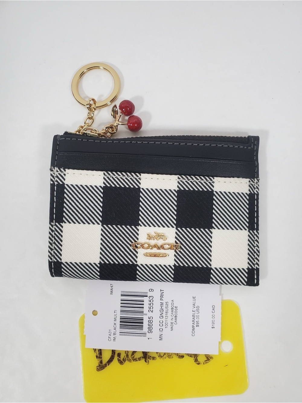 Coach Mini Skinny Id Case With Gingham Print And Charm CFA31 Black Multi